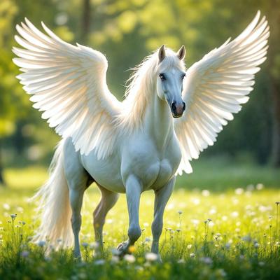 Primary subject: A white horse with white wings and a white mane.

Setting/background: The horse is standing in a grassy field with flowers.

Visual style: The image is a photo of the horse in the field.

Colors and mood: The horse and the field are predominantly white, creating a serene and peaceful atmosphere.